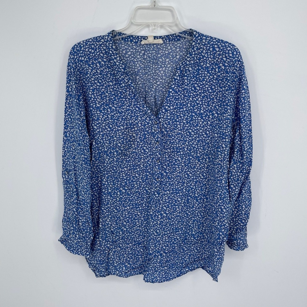 Grand & Greene Women's Blue Ditsy Floral‎ Henley Long Sleeve Boho Blouse Size XL
